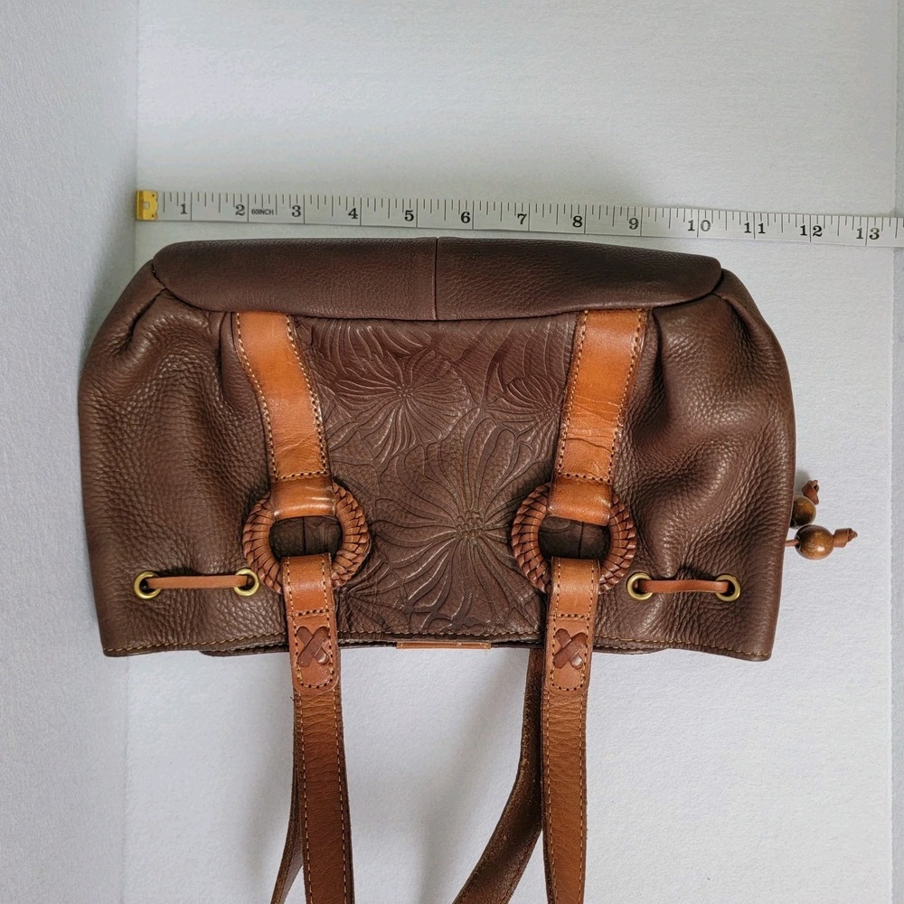 Fossil Brown Leather Floral Embossed Satchel with Tan Straps - Picture 12 of 13